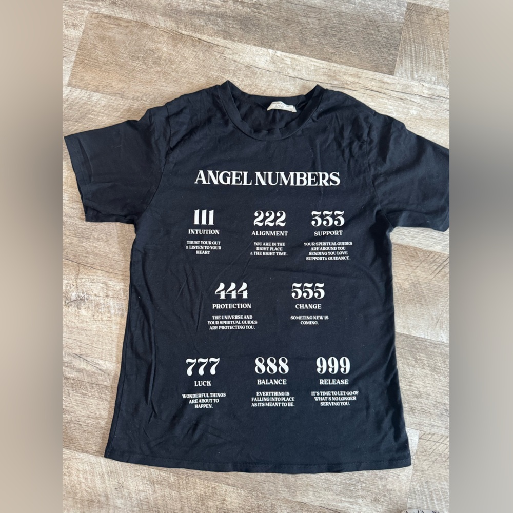 Philosophy of Love size SMALL short sleeve black t-shirt, angel numbers